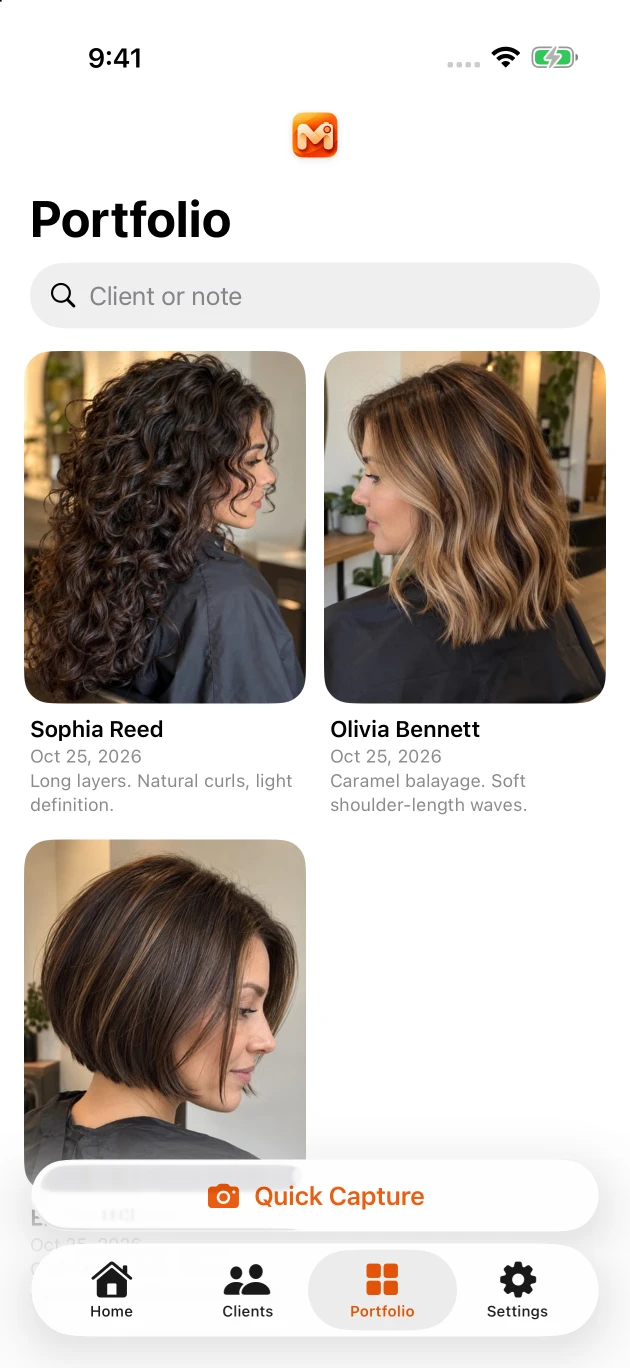 Hair salon Portfolio — actual app, AI-generated example content