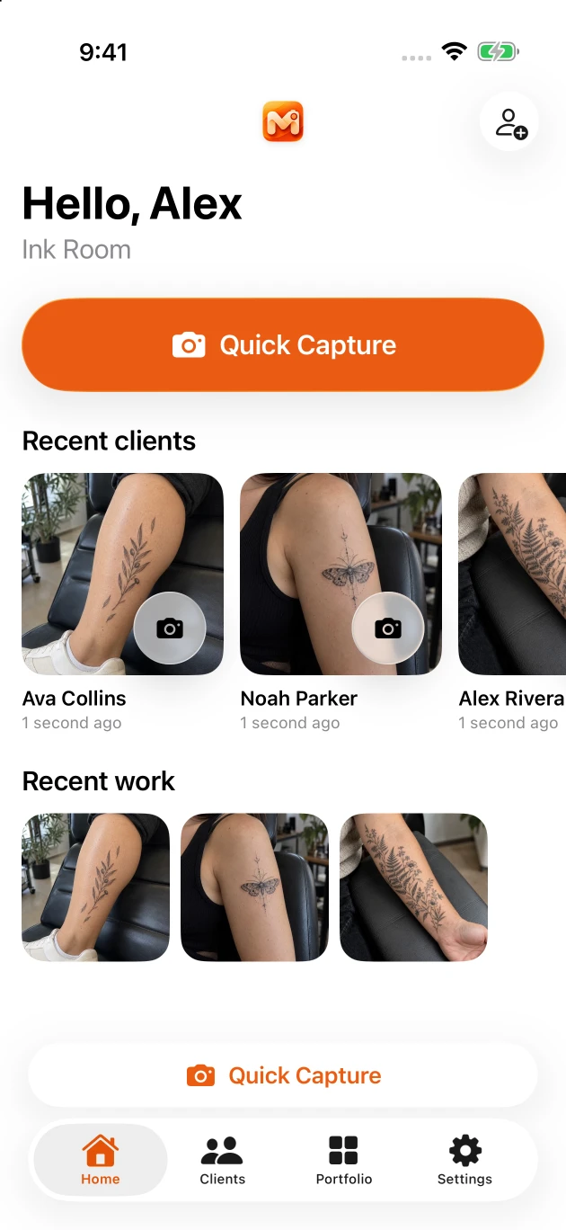 Tattoo studio — Actual app · AI-generated example content